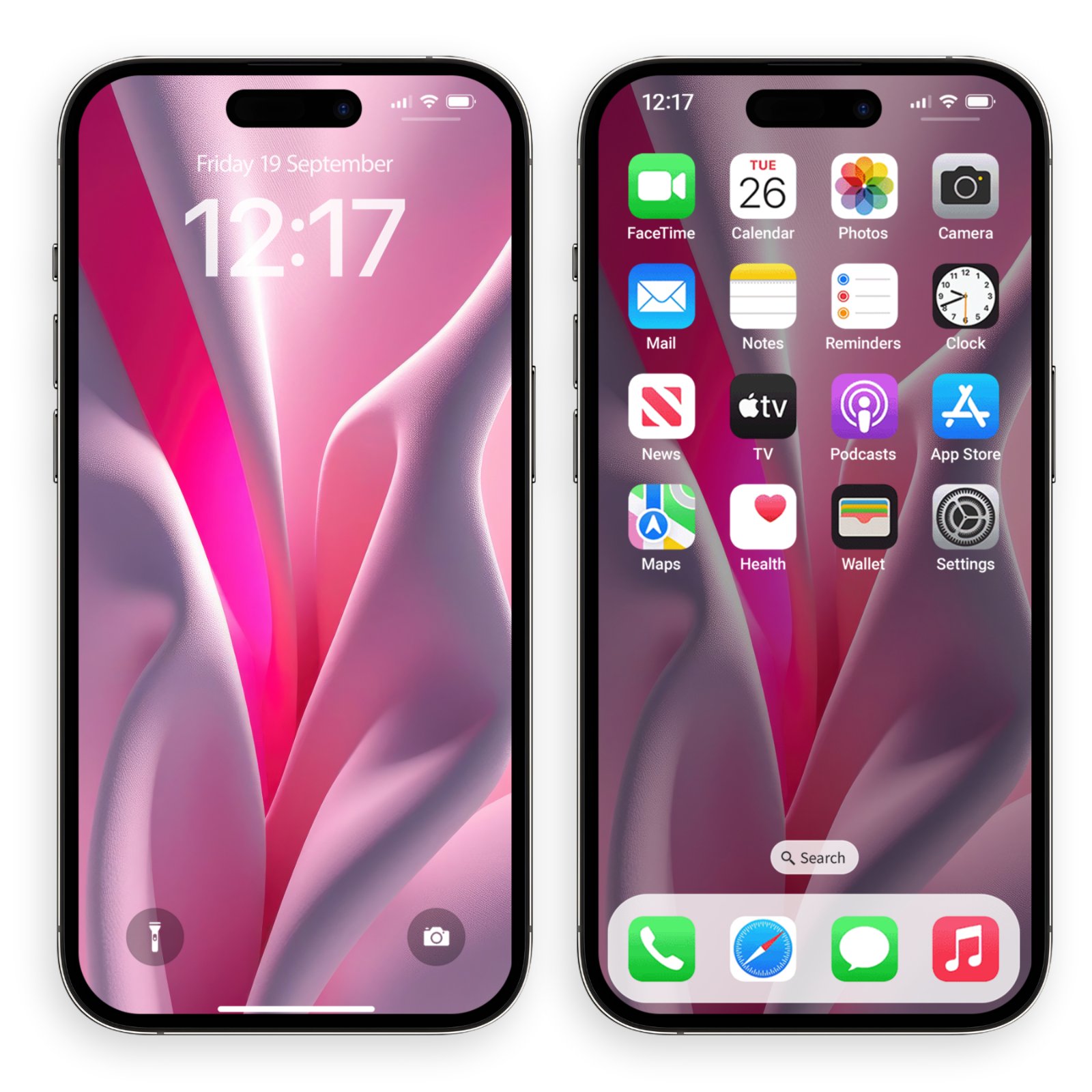 Two black iPhones side-by-side, one showing the pink fabric wallpaper on its lock screen, the other showing it on its home screen with app icons.