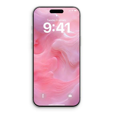 An iPhone mockup displaying a pink abstract wallpaper with fluid, marble-like swirls in shades of rose and white.