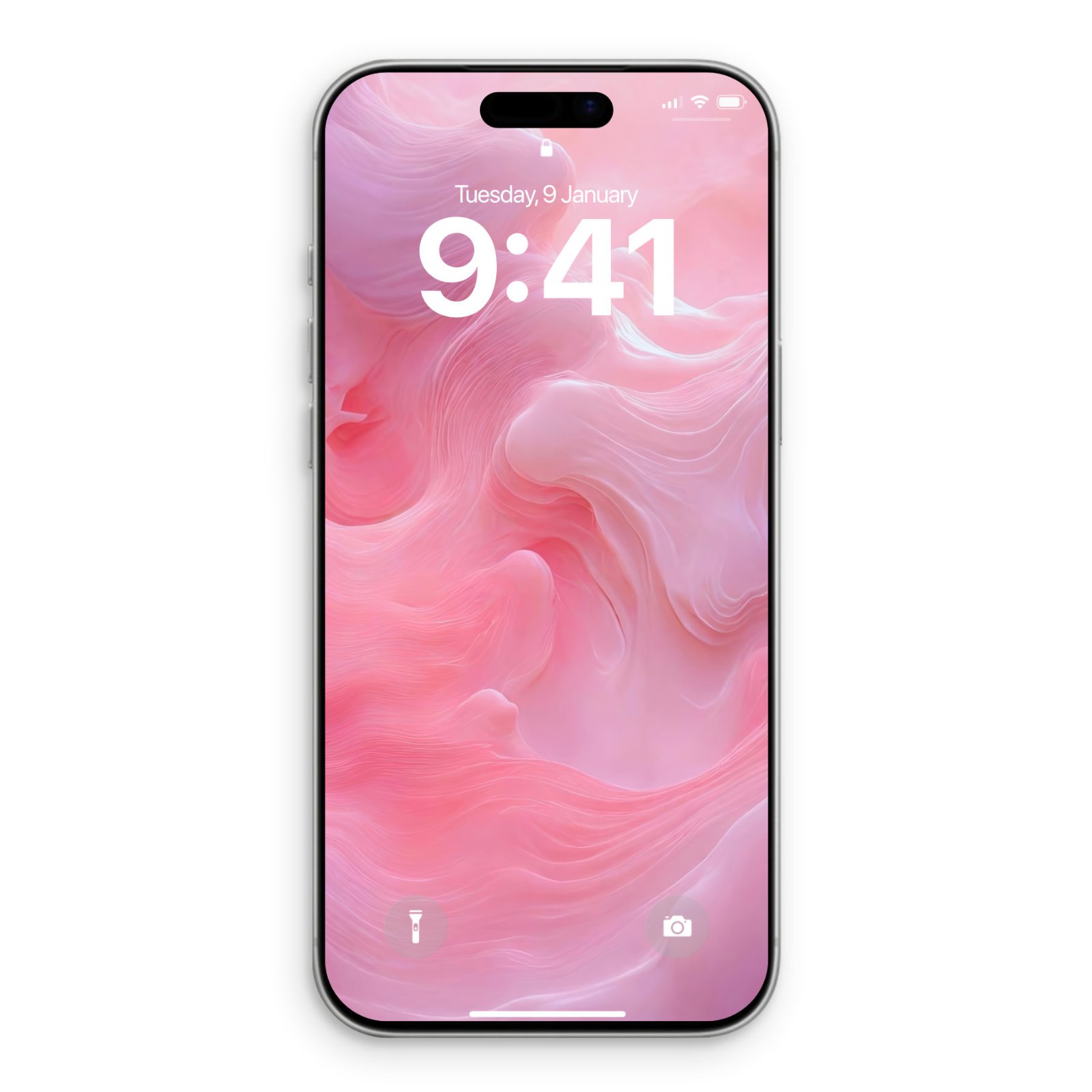 An iPhone mockup displaying a pink abstract wallpaper with fluid, marble-like swirls in shades of rose and white.