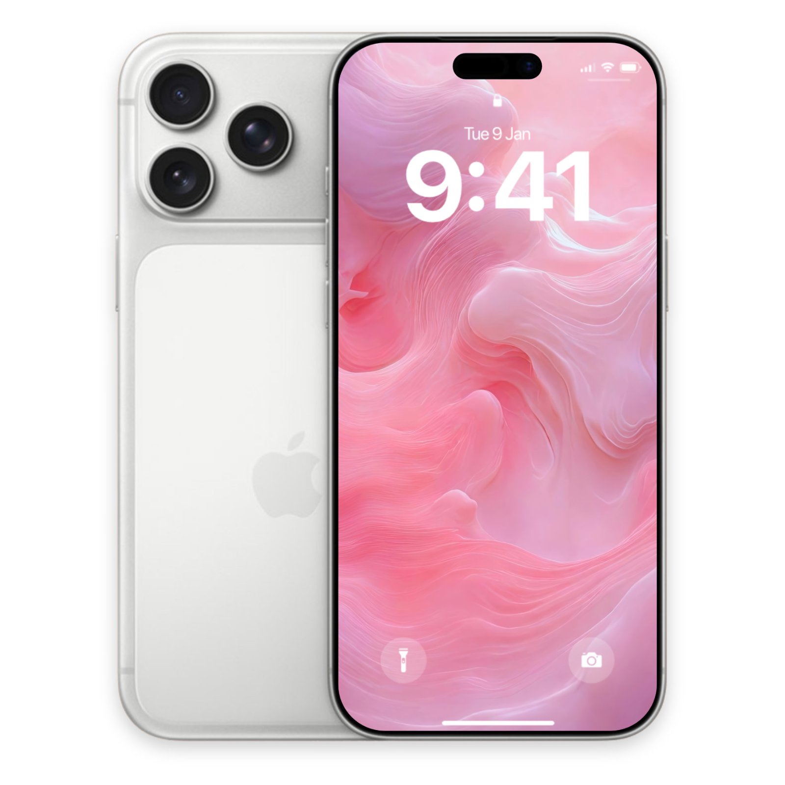 A silver iPhone mockup showing a pink abstract fluid wallpaper on the screen alongside its back panel.