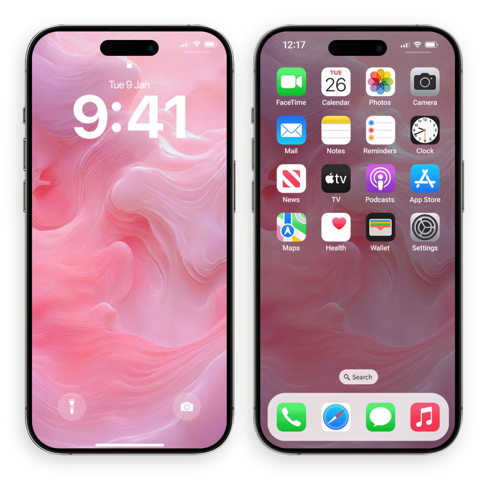 Two iPhone mockups showing the lock screen and home screen displaying a pink liquid swirl wallpaper.