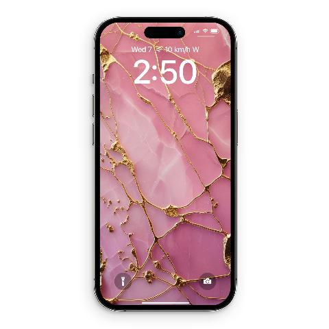 A smartphone lock screen displaying a blush pink rose quartz texture covered in webbed, raised metallic gold kintsugi cracks and flakes.
