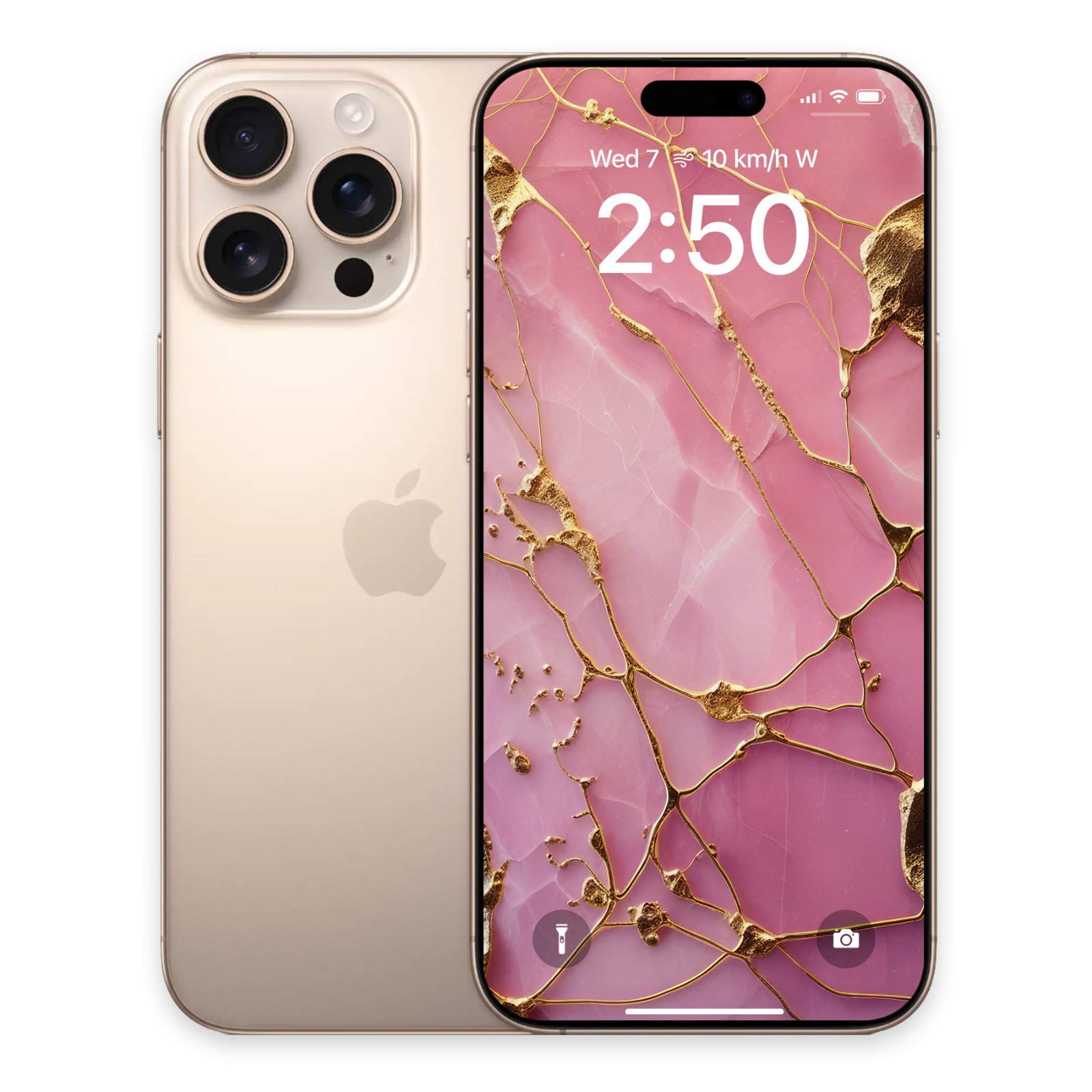 A gold smartphone viewed from the back next to its front screen displaying a pink quartz and gold kintsugi wallpaper design.