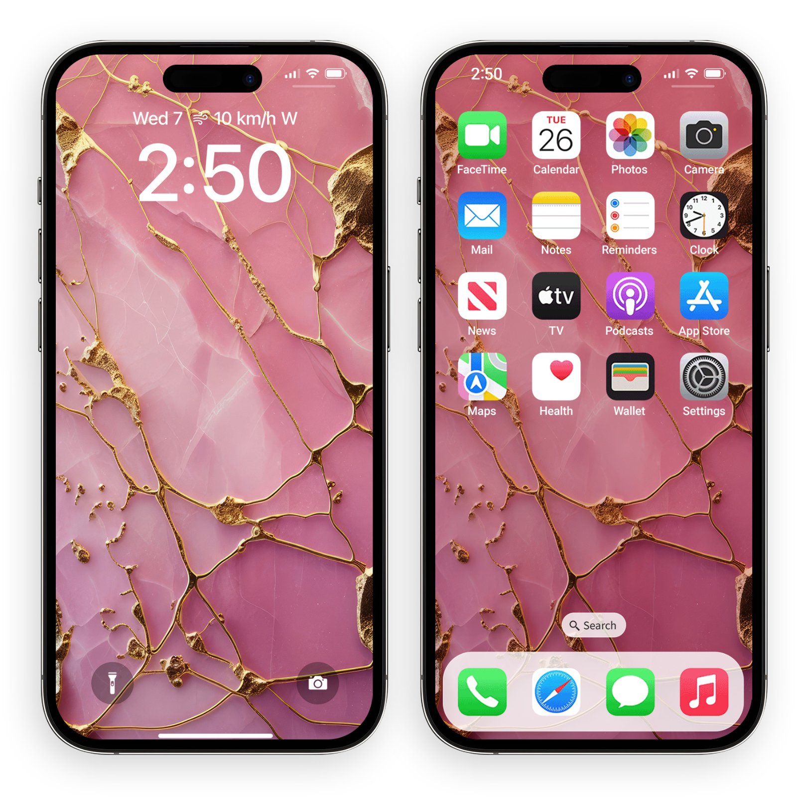 Two smartphone screens side by side showing a lock screen and a home screen with app icons over a pink marble and gold kintsugi background.