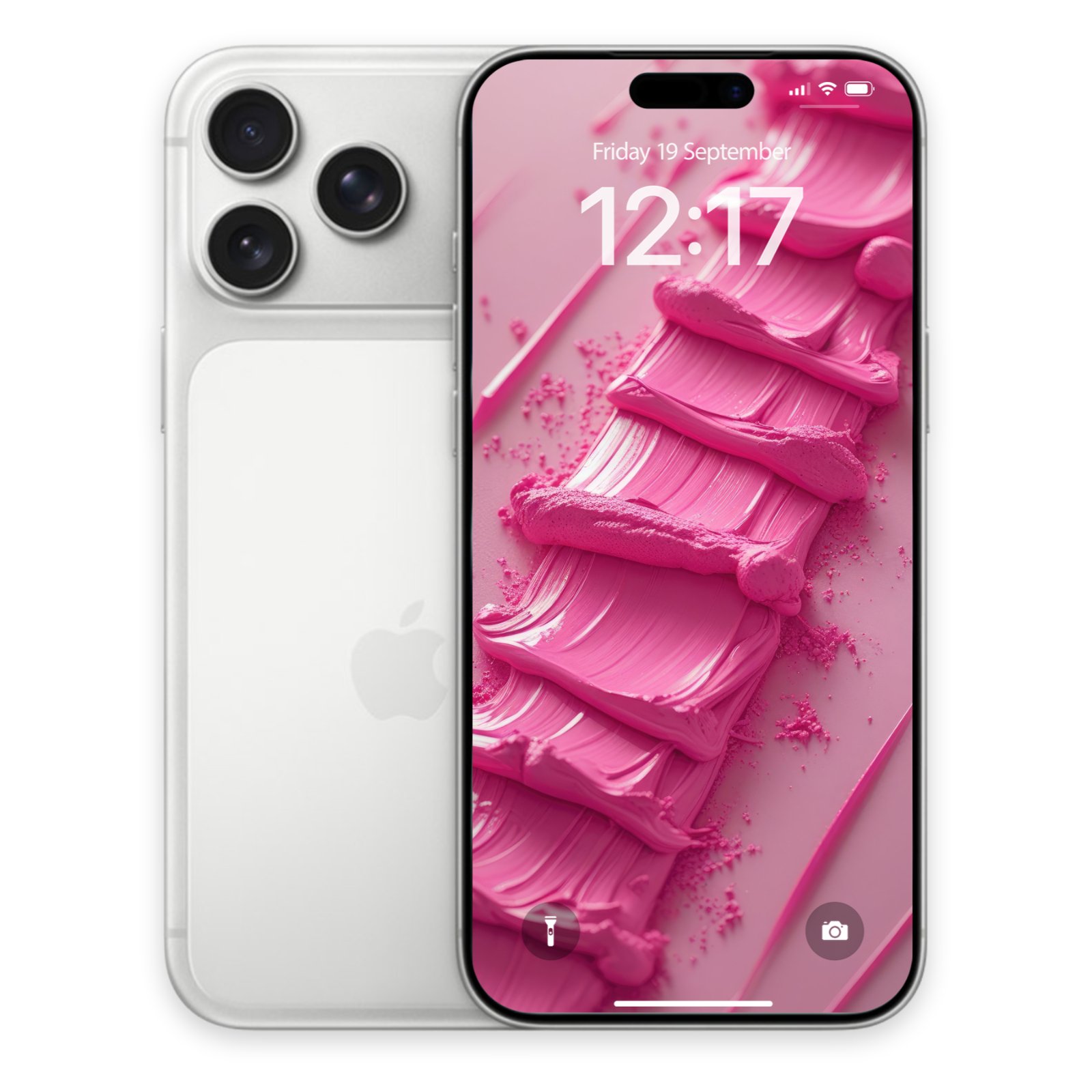 A silver iPhone, viewed from the back and front, displaying the pink impasto paint wallpaper on its screen. The lock screen shows the date "Friday 19 September" and time "12:17" in white.