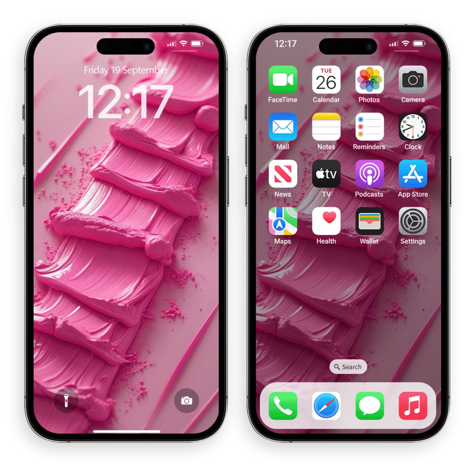 A black iPhone displaying the pink impasto paint wallpaper on both its lock screen (date "Friday 19 September", time "12:17") and home screen, where app icons are visible over the wallpaper.