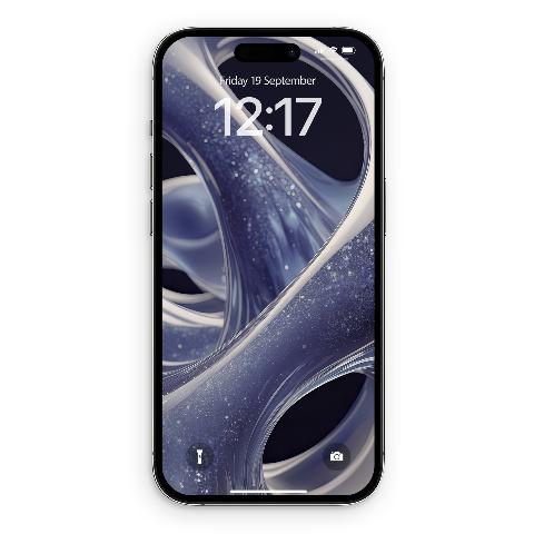 An iPhone displaying a lock screen wallpaper with swirling translucent deep blue fluid, glitter, and glossy liquid glass ribbons.