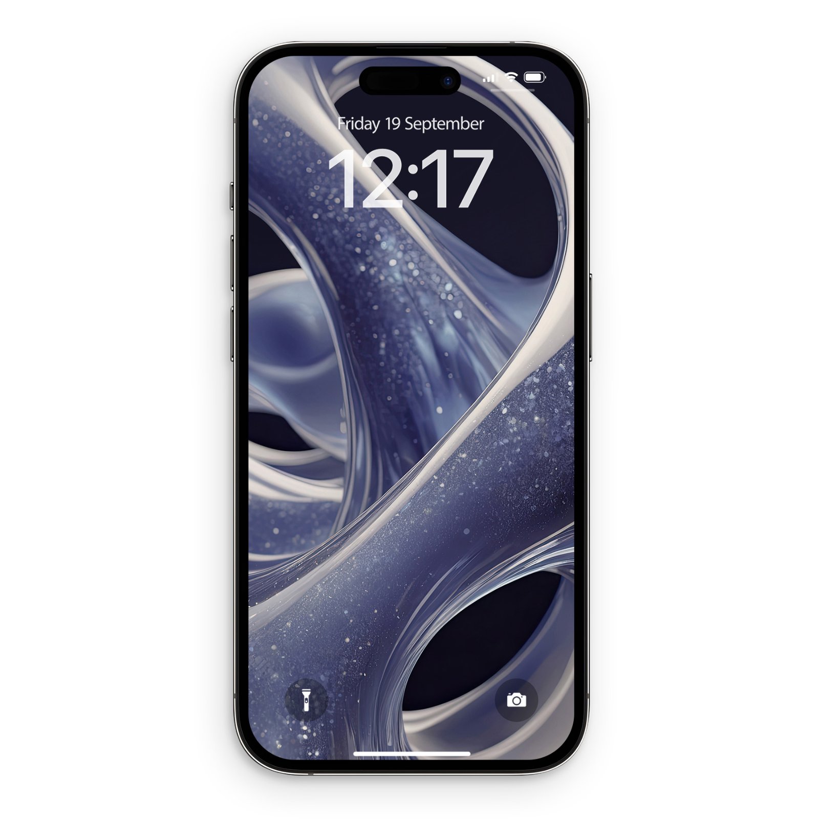 An iPhone displaying a lock screen wallpaper with swirling translucent deep blue fluid, glitter, and glossy liquid glass ribbons.