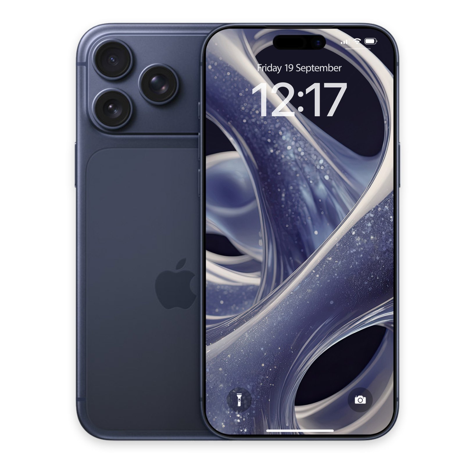 A dark blue iPhone shown from the back alongside its front screen displaying the liquid blue glitter wallpaper.