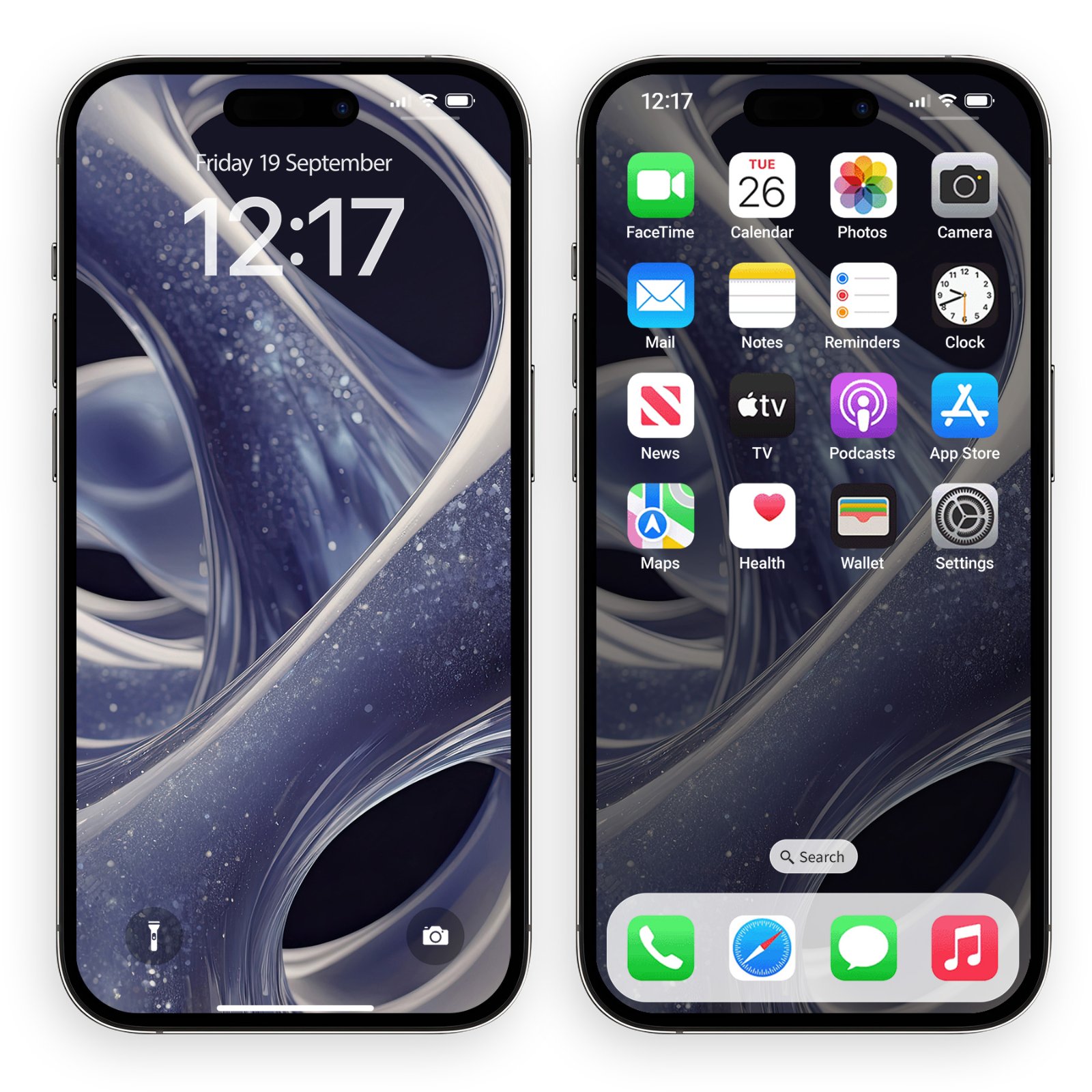 Two iPhone displays showing the deep blue translucent liquid glitter wallpaper on both the lock screen and home screen.