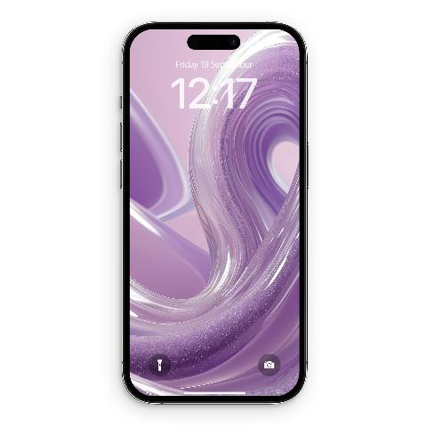 A black iPhone displaying a lock screen wallpaper with a glossy lavender wave pattern, one section of which is covered in sparkling rose gold glitter. The time '12:17' and date 'Friday 19 September' are visible at the top.