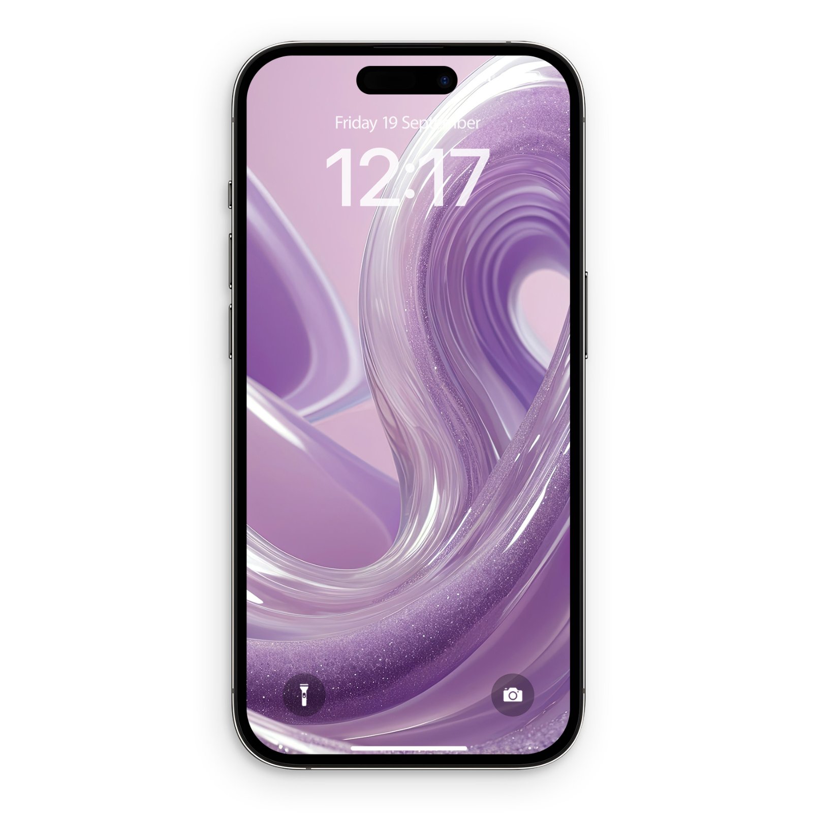 A black iPhone displaying a lock screen wallpaper with a glossy lavender wave pattern, one section of which is covered in sparkling rose gold glitter. The time '12:17' and date 'Friday 19 September' are visible at the top.
