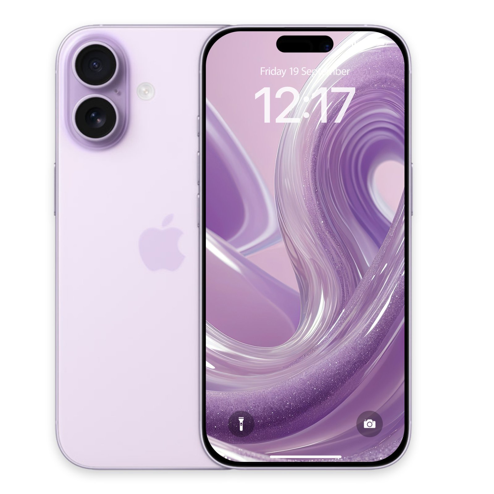 A pale lavender iPhone with a dual camera setup on the back, shown next to its front screen displaying the lavender wave glitter lock screen wallpaper.