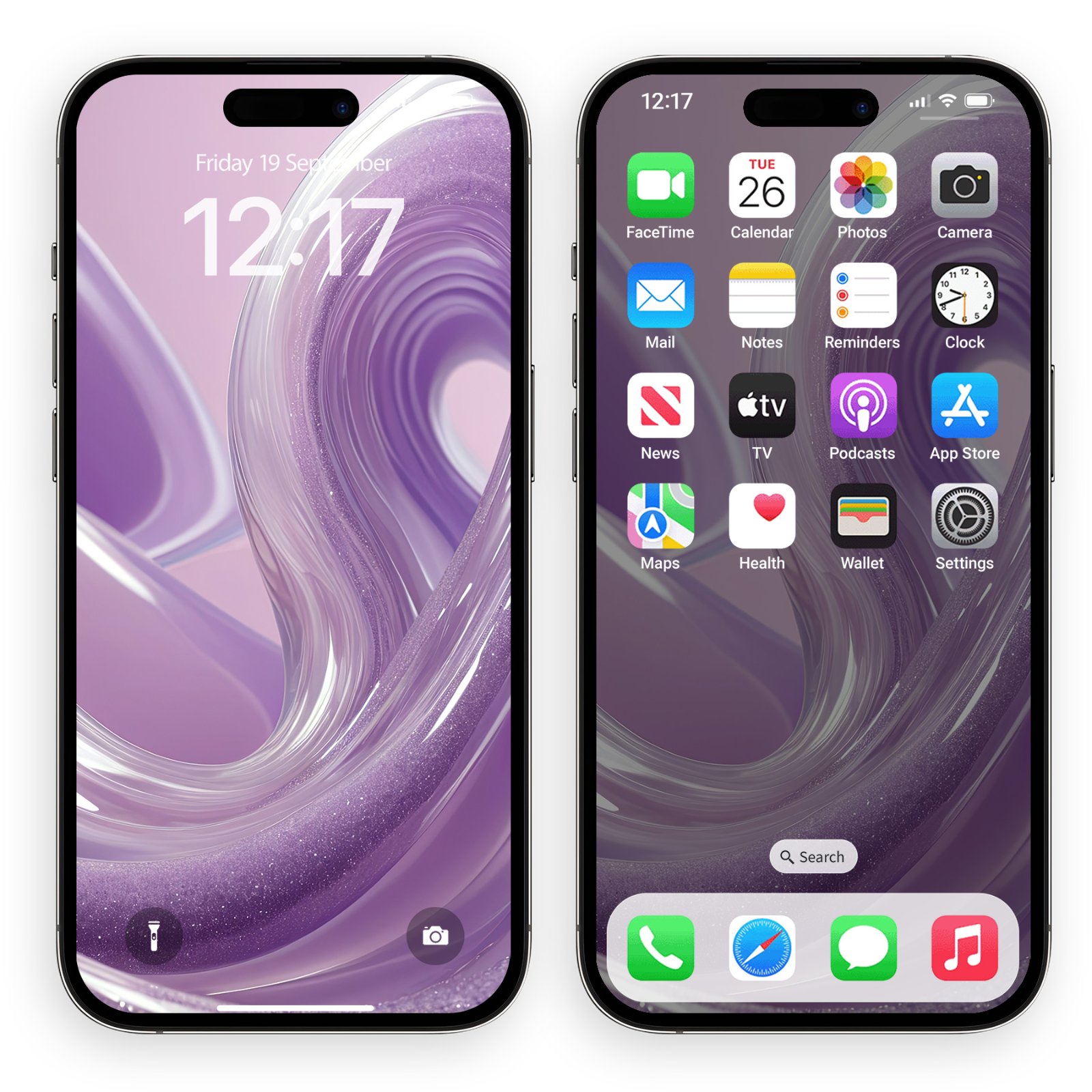 An iPhone displaying the lavender wave glitter wallpaper on both the lock screen and home screen, with app icons visible on the home screen.