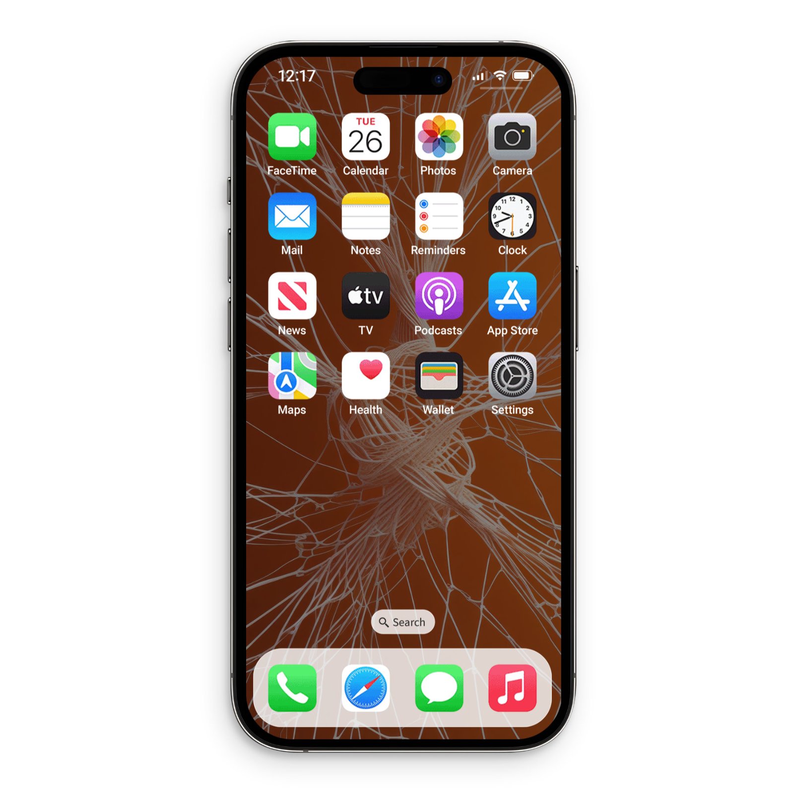 Smartphone home screen showing app icons overlaid on a dark orange abstract web line artwork background.
