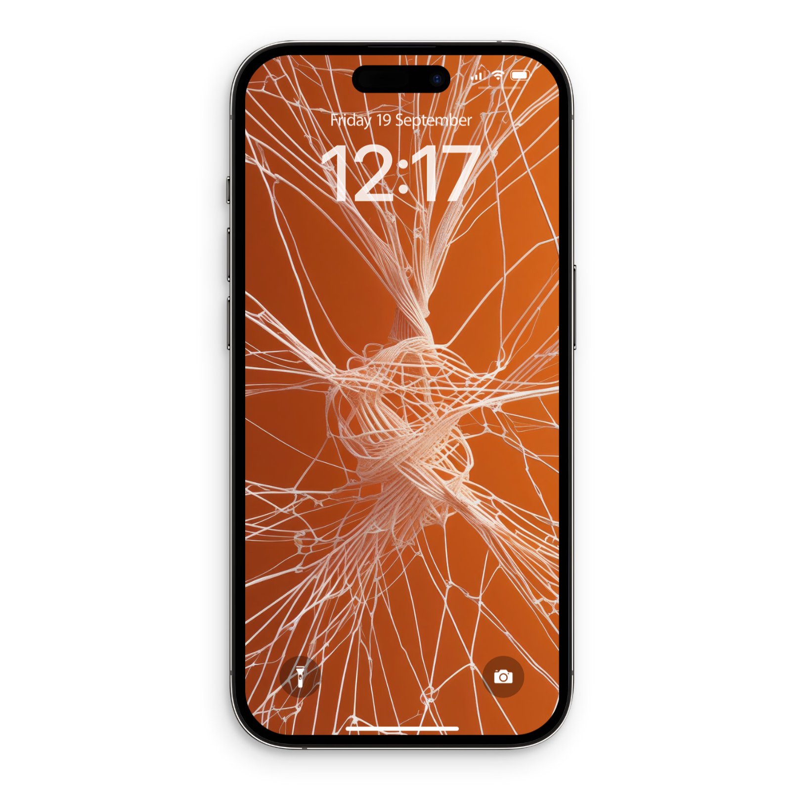 Smartphone lock screen displaying pale peach geometric web filaments tangled over a burnt orange background.