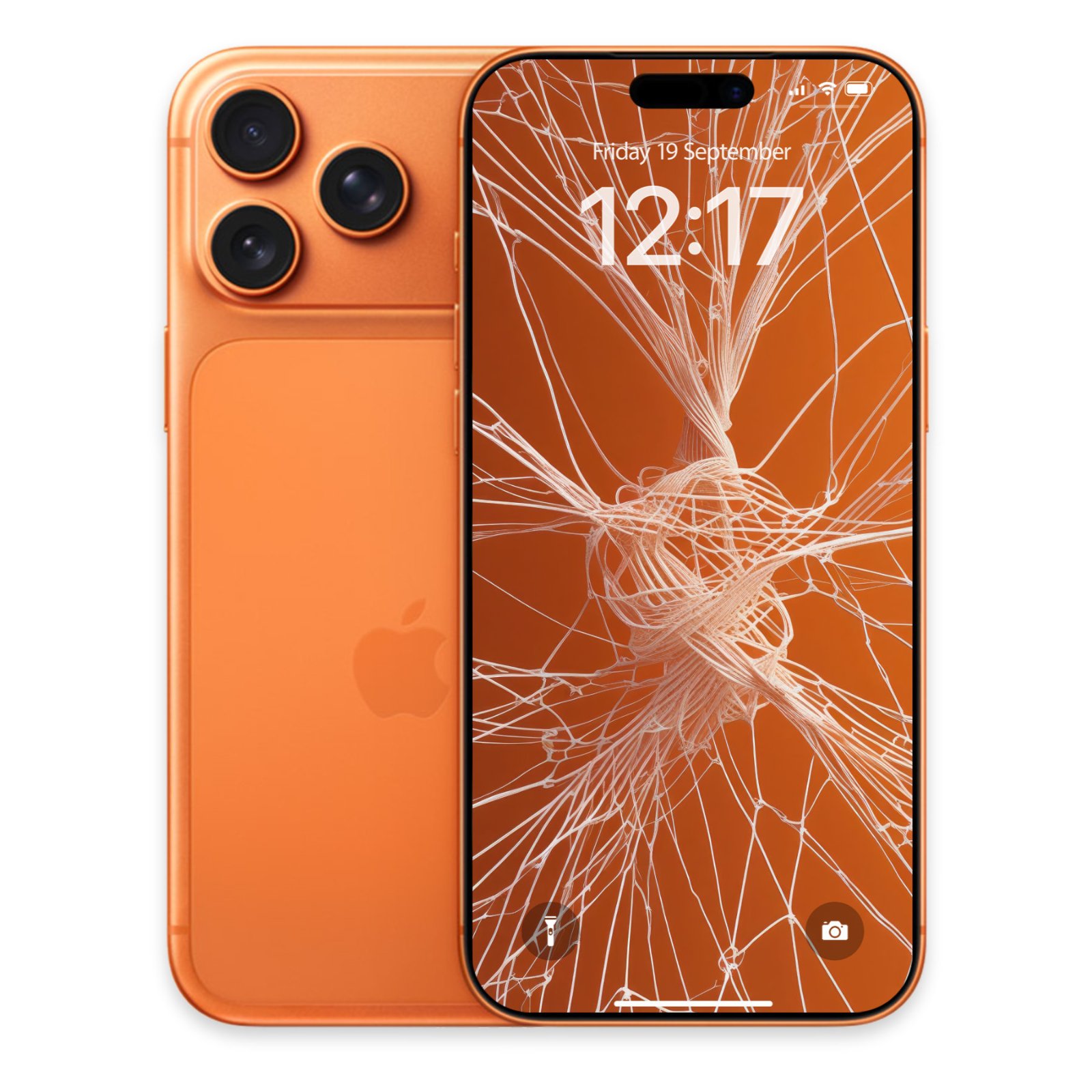 Orange smartphone shown next to its lock screen displaying an intricate light peach web art design on burnt orange.
