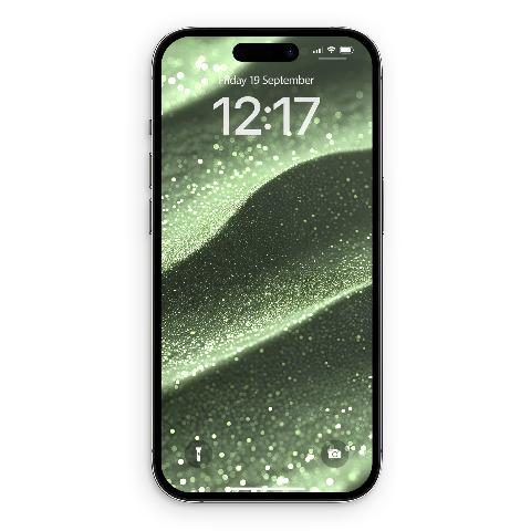 An iPhone displaying a sage green sand dune wallpaper. The screen shows the time 12:17 and date Friday 19 September, with sparkling bokeh effects.