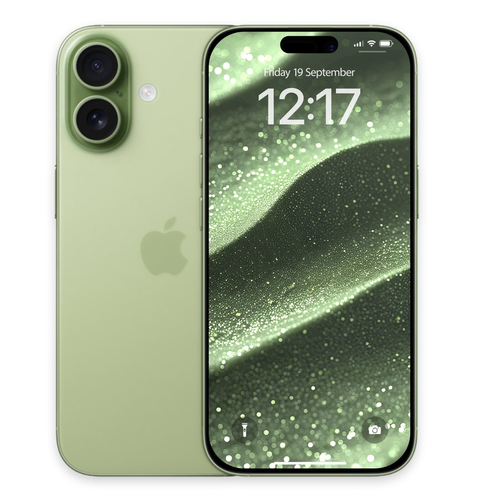 An iPhone 17 sage with its back facing left, displaying the sage green sand dune wallpaper on its screen, showing the time 12:17.