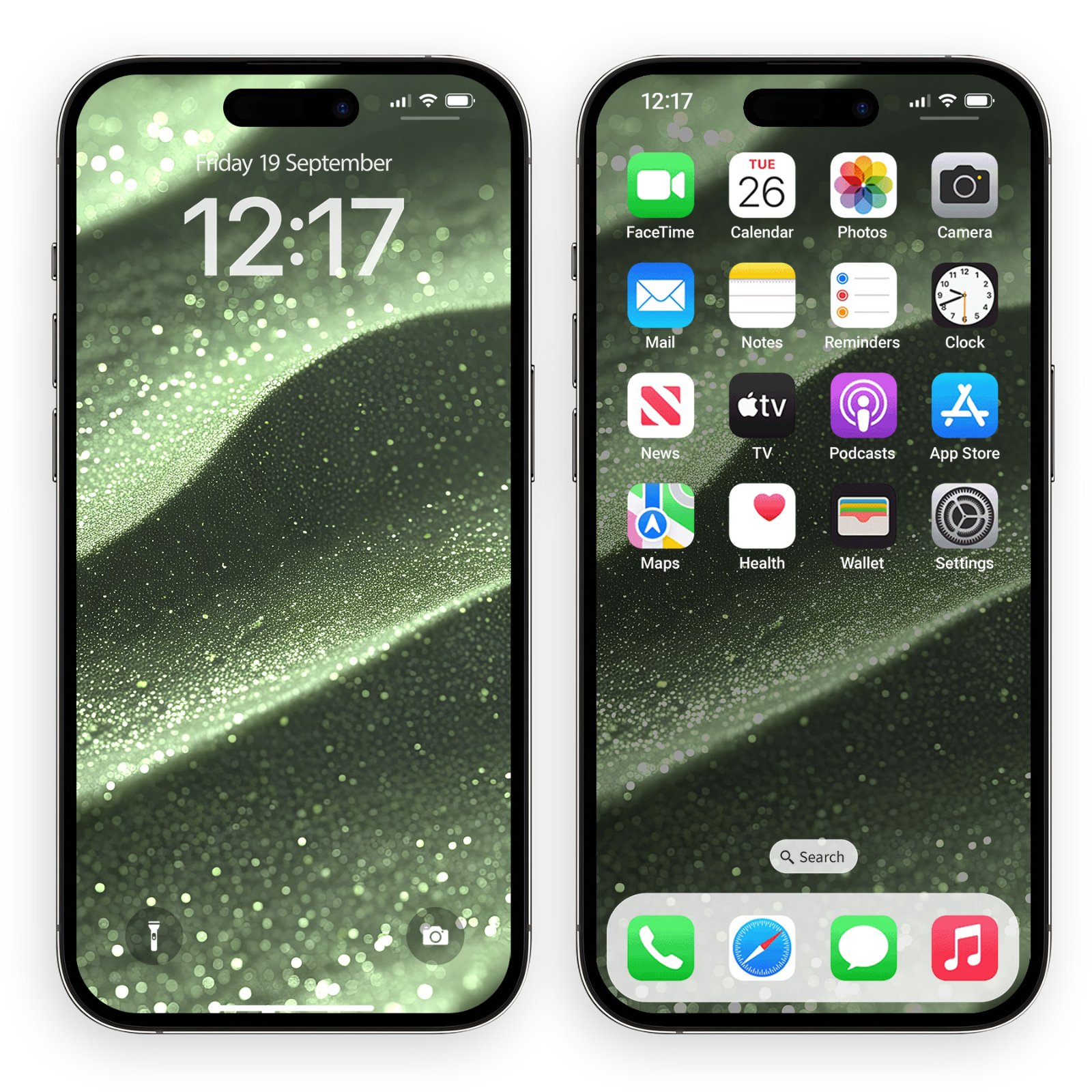A black iPhone displaying the sage green sand dune wallpaper on both the lock screen and home screen, showing app icons.