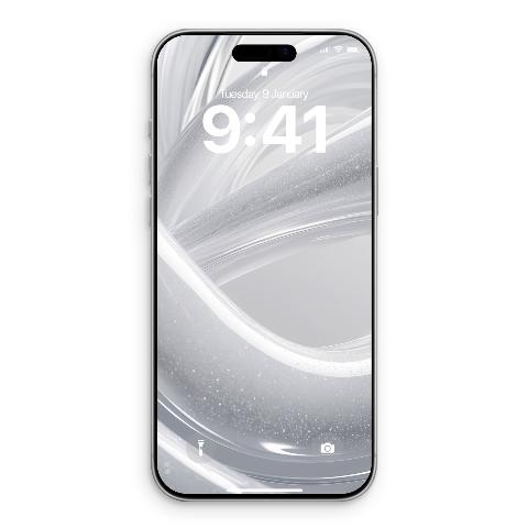 Smartphone lock screen displaying a silver abstract design with liquid ribbon shapes and glitter details.