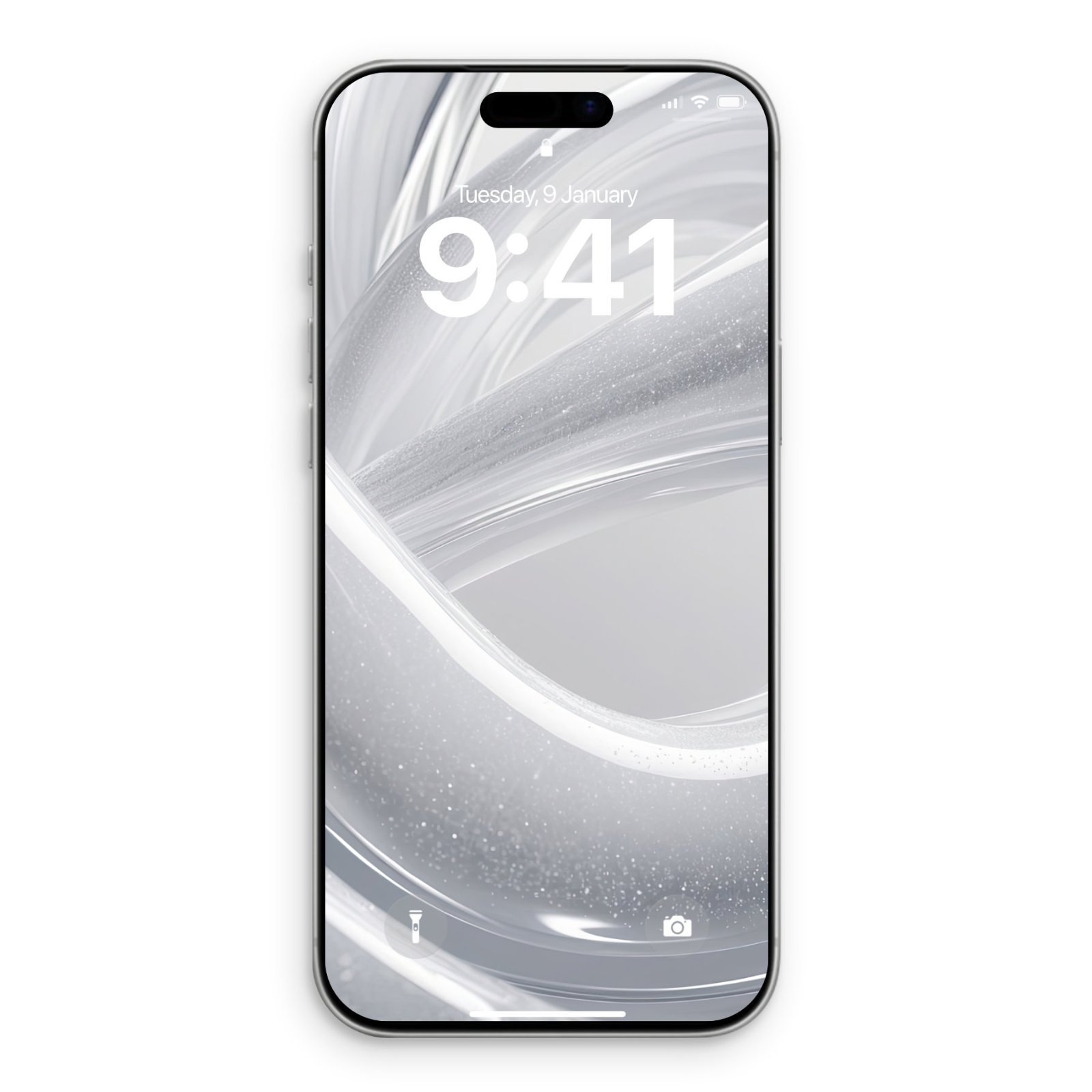 Smartphone lock screen displaying a silver abstract design with liquid ribbon shapes and glitter details.