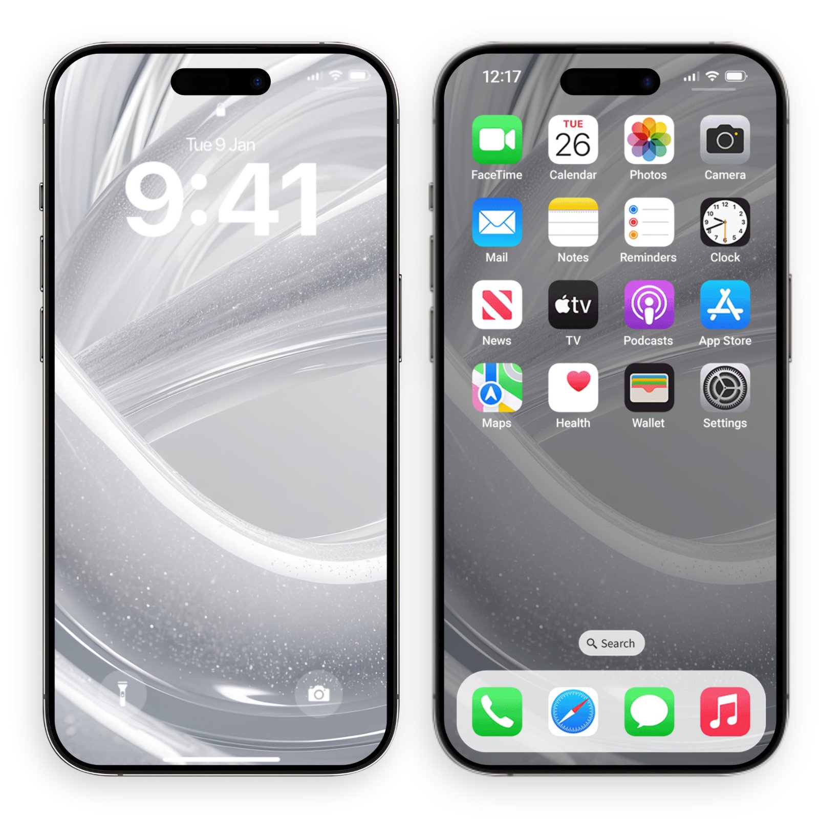 Two smartphones displaying a silver glitter abstract design, one showing the lock screen and the other showing the home screen with icons.