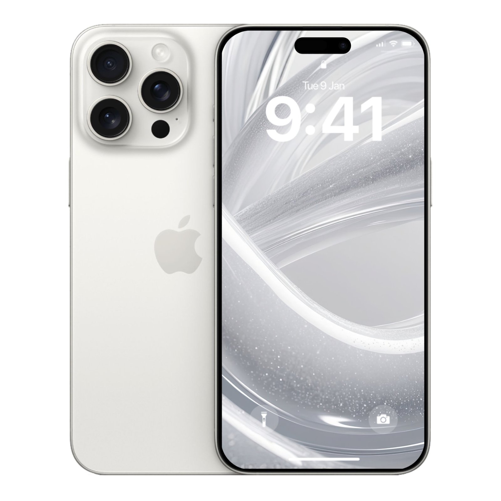 White smartphone standing next to another displaying a liquid silver glitter abstract wallpaper on its lock screen.