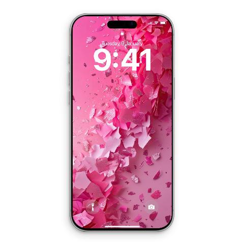 Smartphone lock screen showing a diagonal cascade of pink glitter flakes and paper fragments on a pink background.