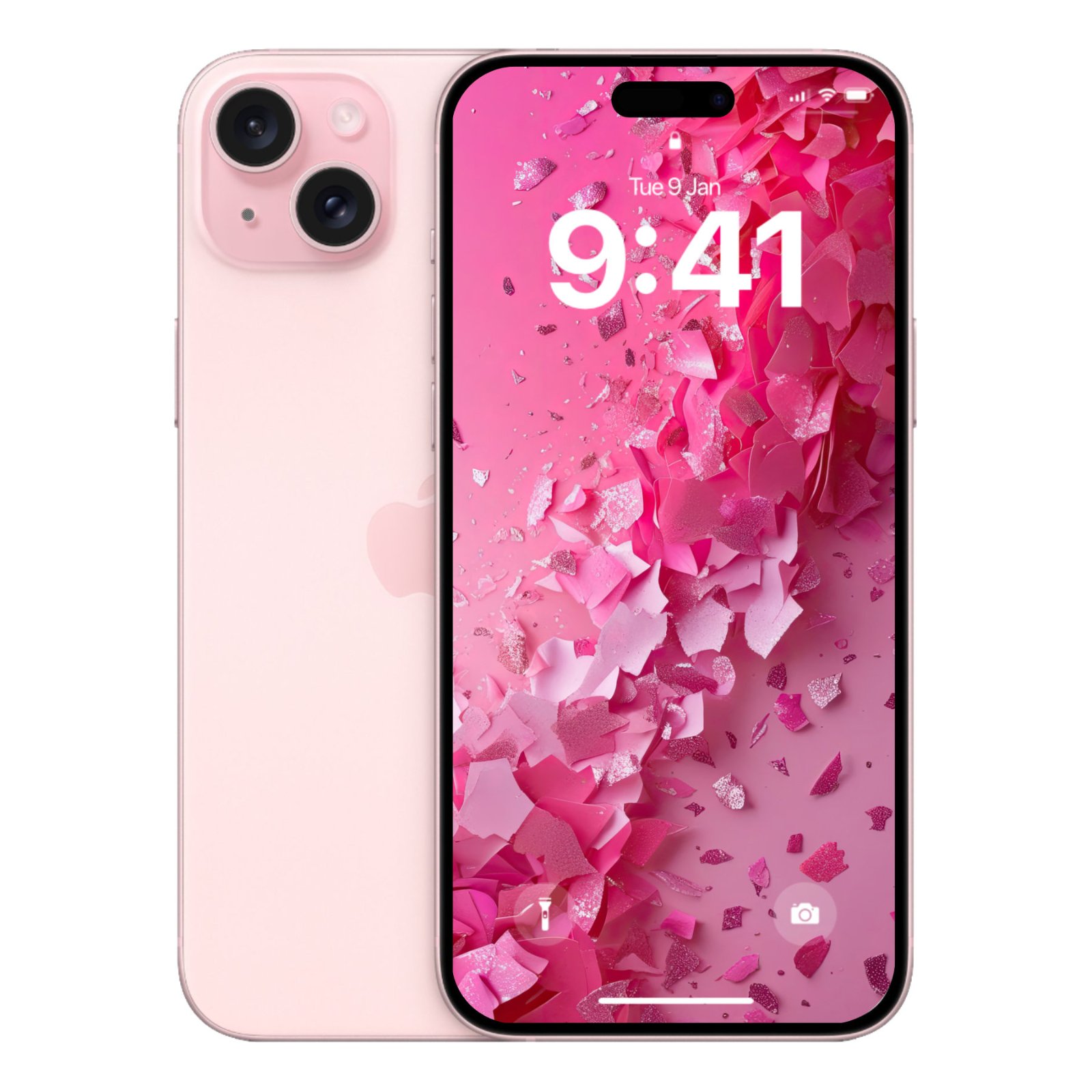 Light pink smartphone showcasing an abstract 3D pink glitter wallpaper on its display.
