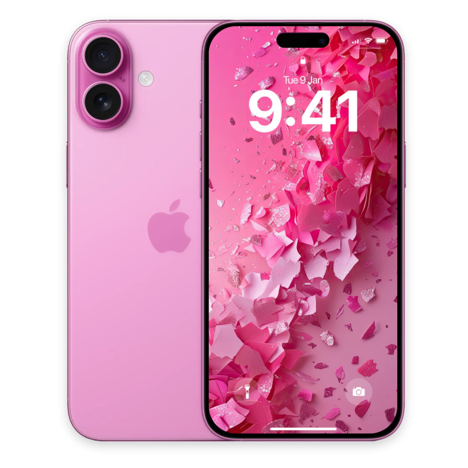 Bright pink smartphone next to a screen displaying layered pink glitter flakes and shattered paper textures.
