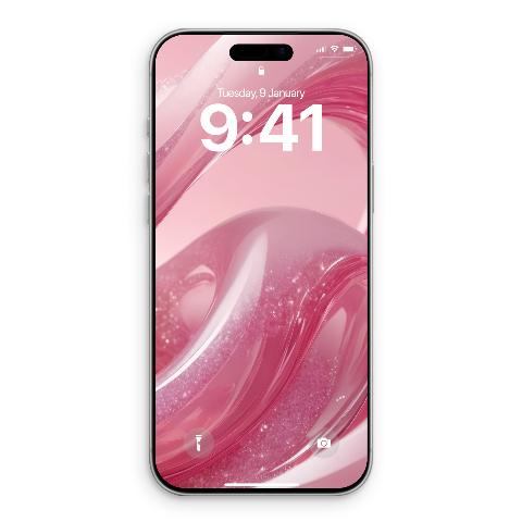 iPhone 17 Pro with a lock screen displaying a pink glitter waves wallpaper, showing the time 9:41 on Tuesday, January 9th.