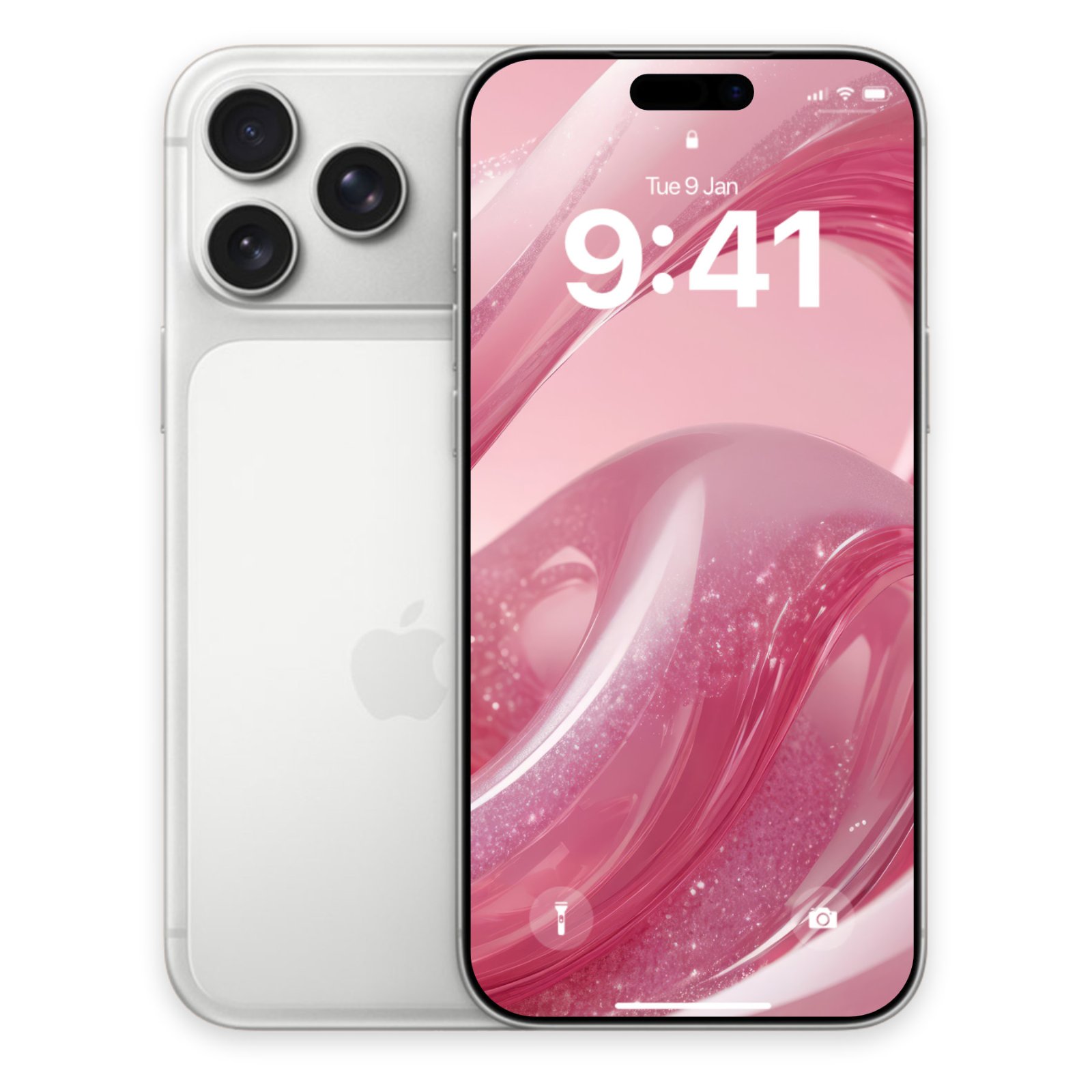 Back view of a silver iPhone 17 Pro next to its front view displaying a pink glitter waves lock screen.