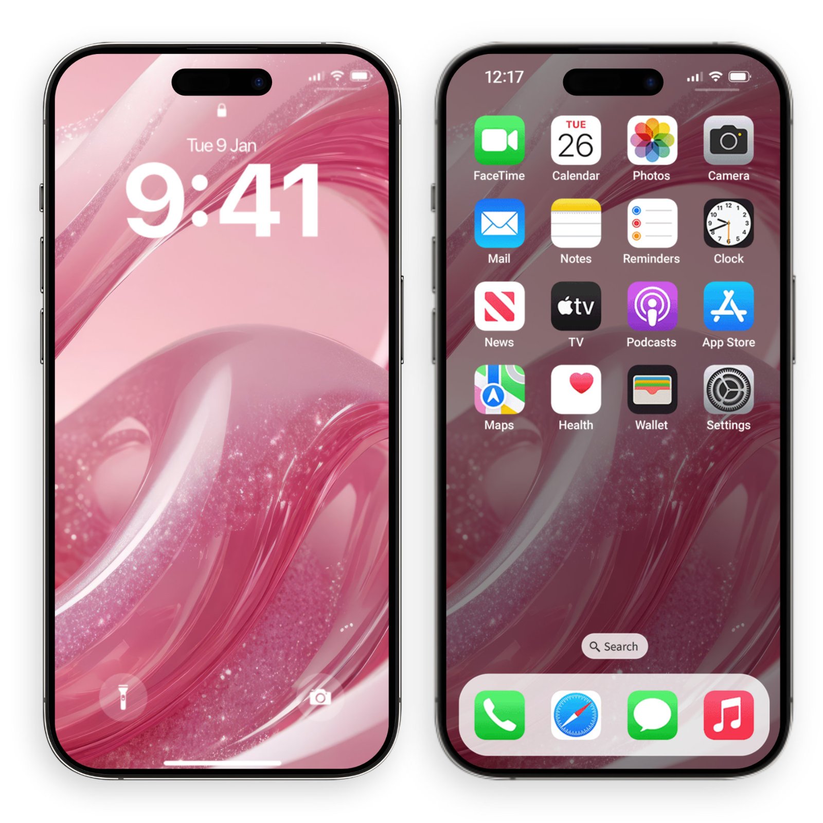 iPhone 17 Pro showing a pink glitter waves wallpaper on the lock screen (left) and home screen with app icons (right).