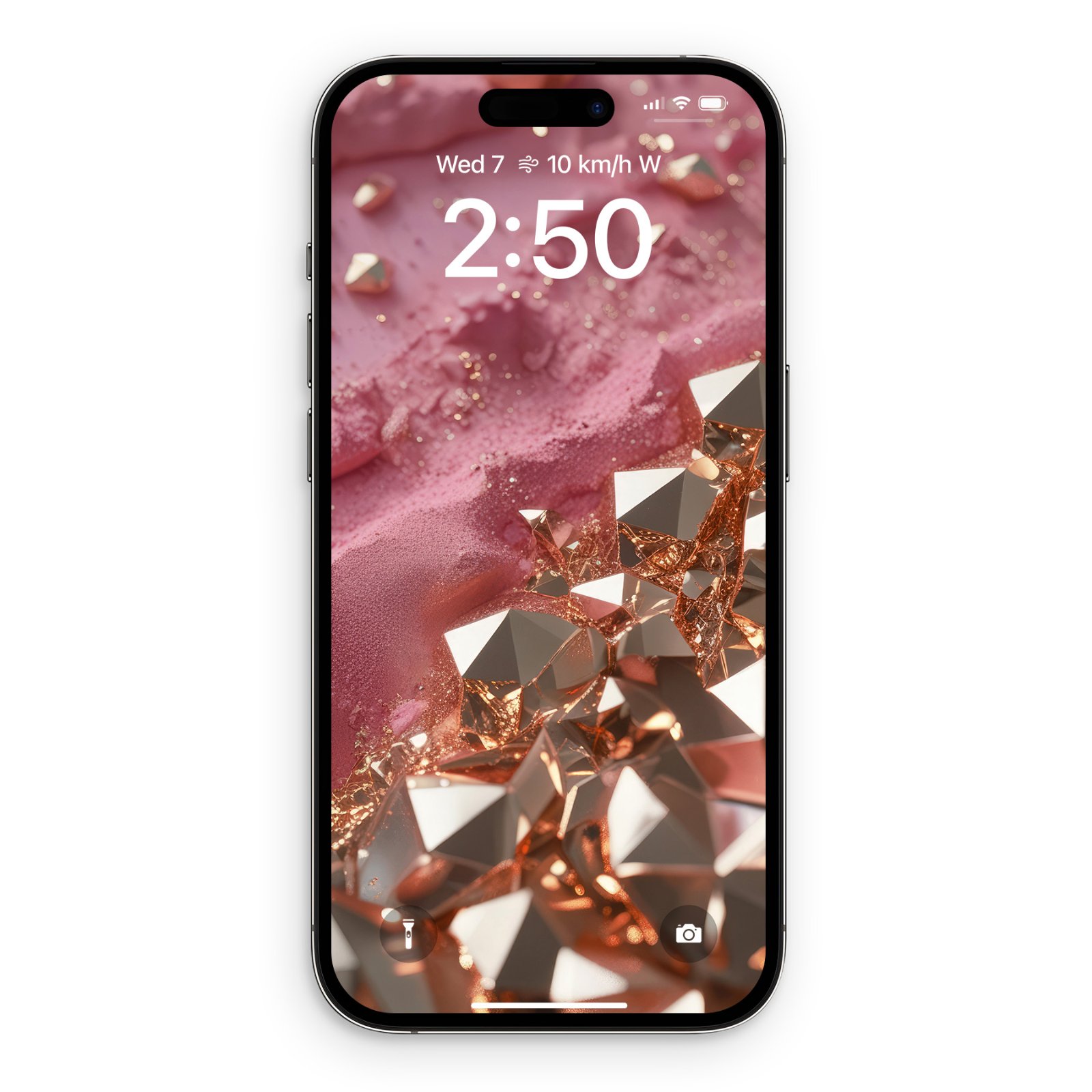 iPhone mockup displaying a digital wallpaper with faceted rose gold crystals on a dusty pink textured background.