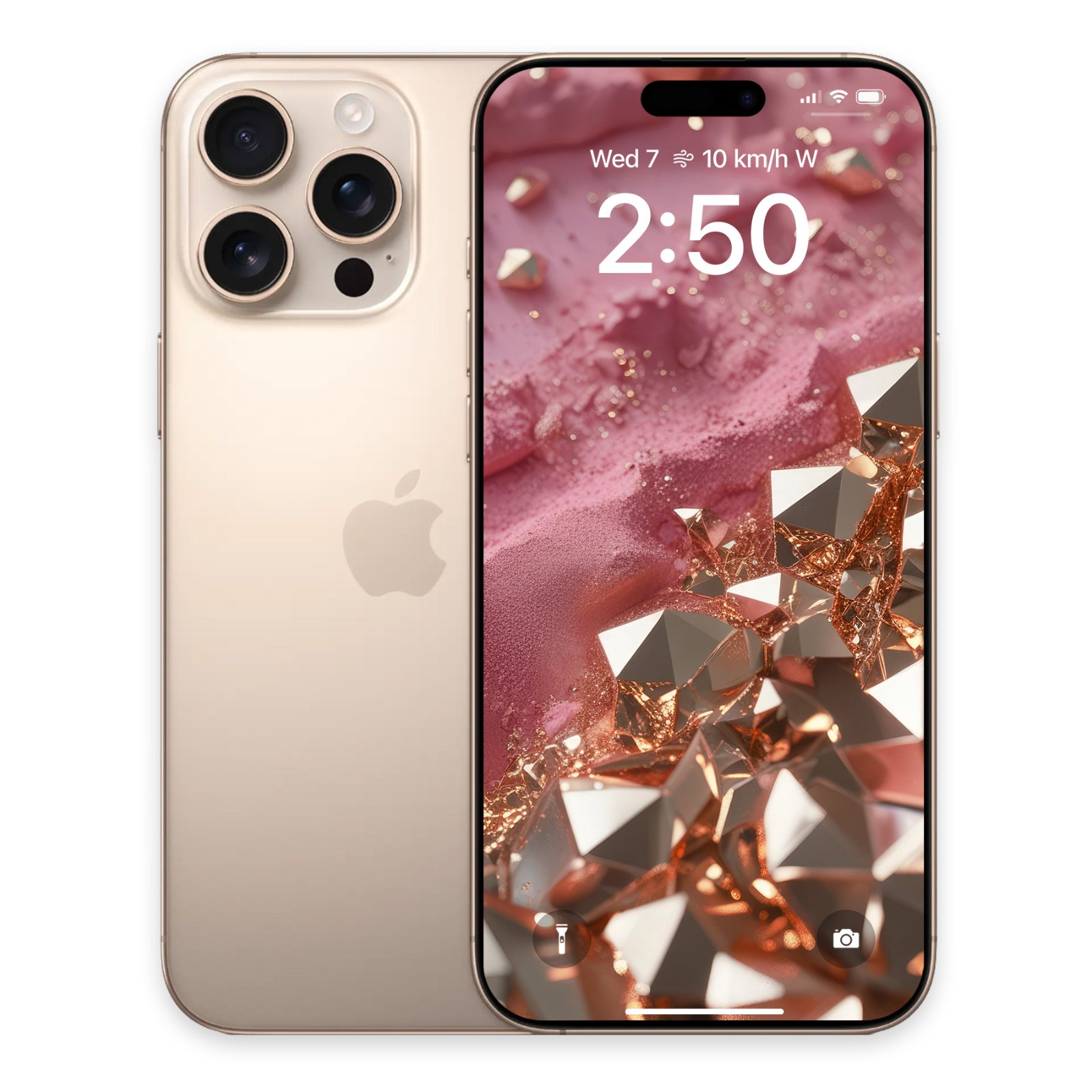 Starlight iPhone Pro showing front display with rose gold crystal wallpaper and gold back casing.