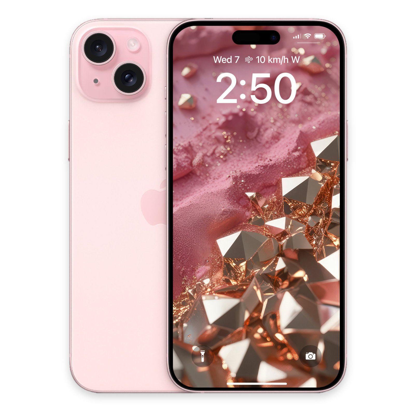 Pink iPhone displaying lock screen with metallic rose gold geo speckle wallpaper.