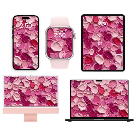 A grid of five Apple devices displaying the Pink Impasto Paint Wallpaper. From top left, an iPhone, an Apple Watch, an iPad in landscape, an iMac, and a MacBook.