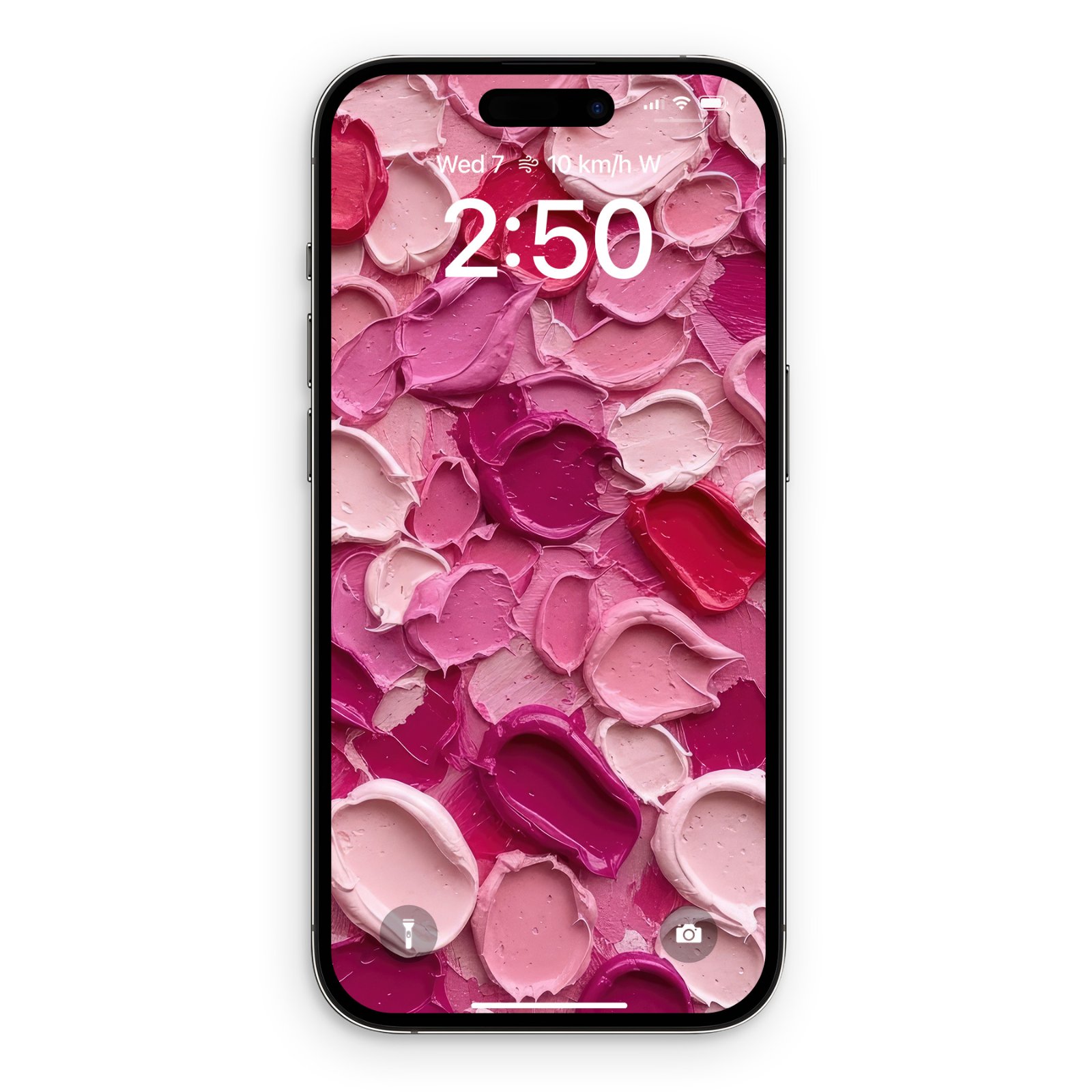 An iPhone displaying the Pink Impasto Paint Wallpaper, showing a close-up of thick pink, magenta, and blush paint dabs.