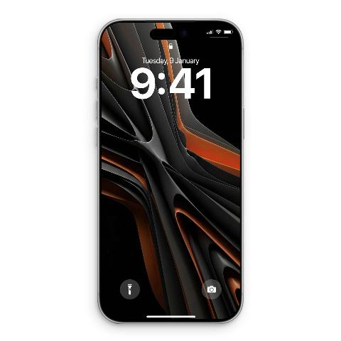 Smartphone lock screen displaying a dark dynamic abstract wallpaper with flowing matte black and deep orange ribbon structures against a black background.