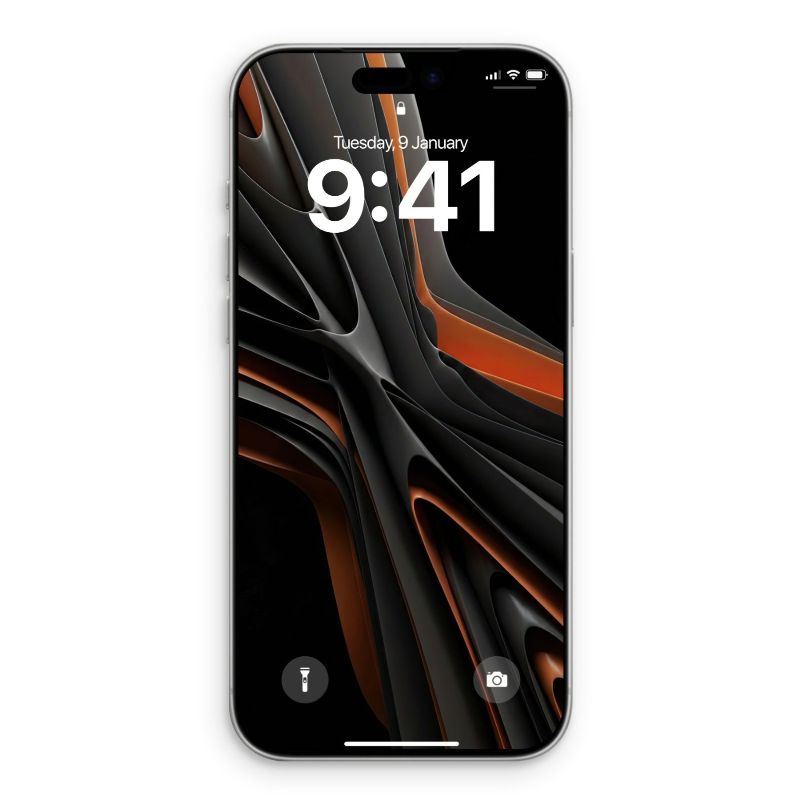 Smartphone lock screen displaying a dark dynamic abstract wallpaper with flowing matte black and deep orange ribbon structures against a black background.