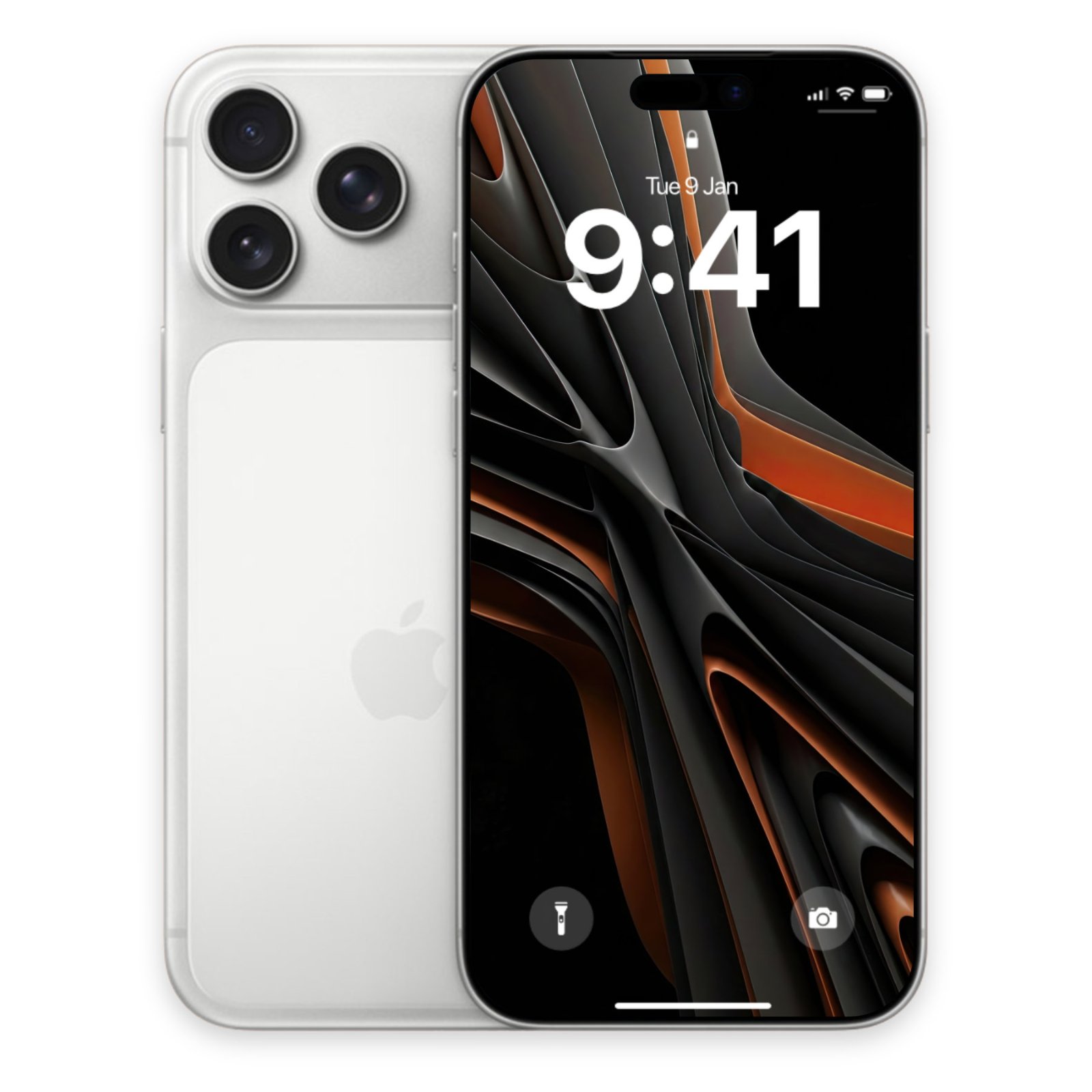 A silver smartphone shown from the back alongside its front display featuring a dark dynamic abstract design with black and amber fluid forms.