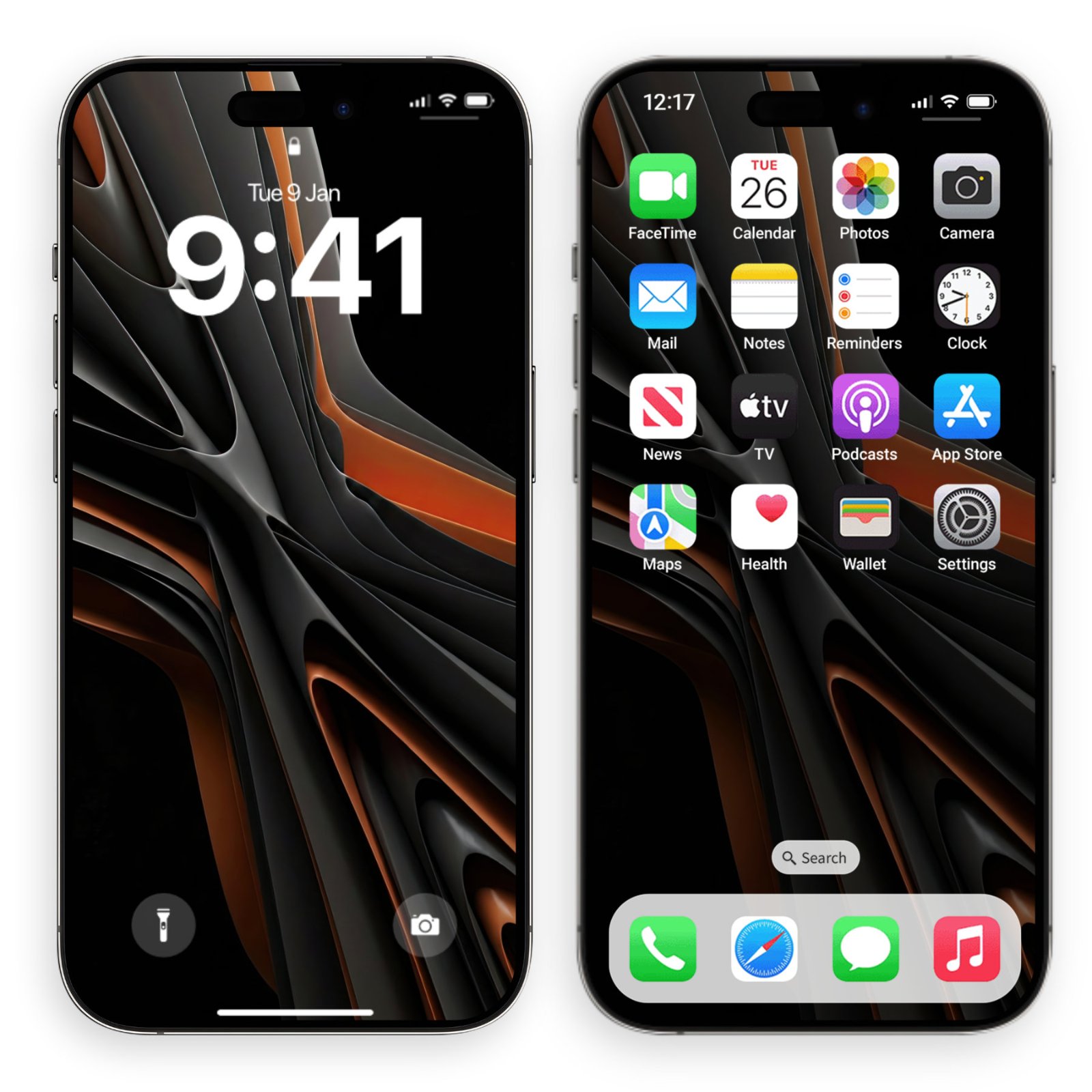 Two dark smartphones side by side showing the dark dynamic abstract wallpaper on both lock screen and home screen layouts.