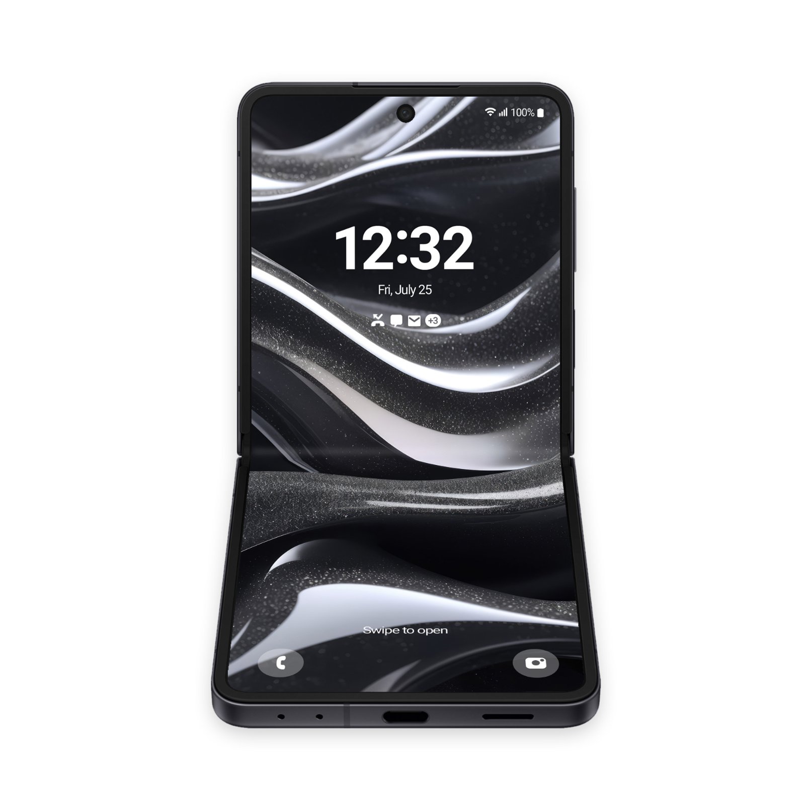 A Samsung Galaxy Z Flip phone partially folded open displaying a dark metallic liquid wave artwork.