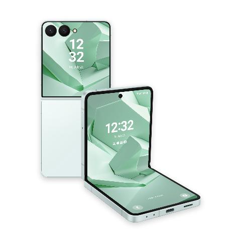 Two mint green Samsung Galaxy Z Flip phones, one folded closed showing the cover screen and one partially open, displaying a mint green 3D faceted geometric wallpaper.