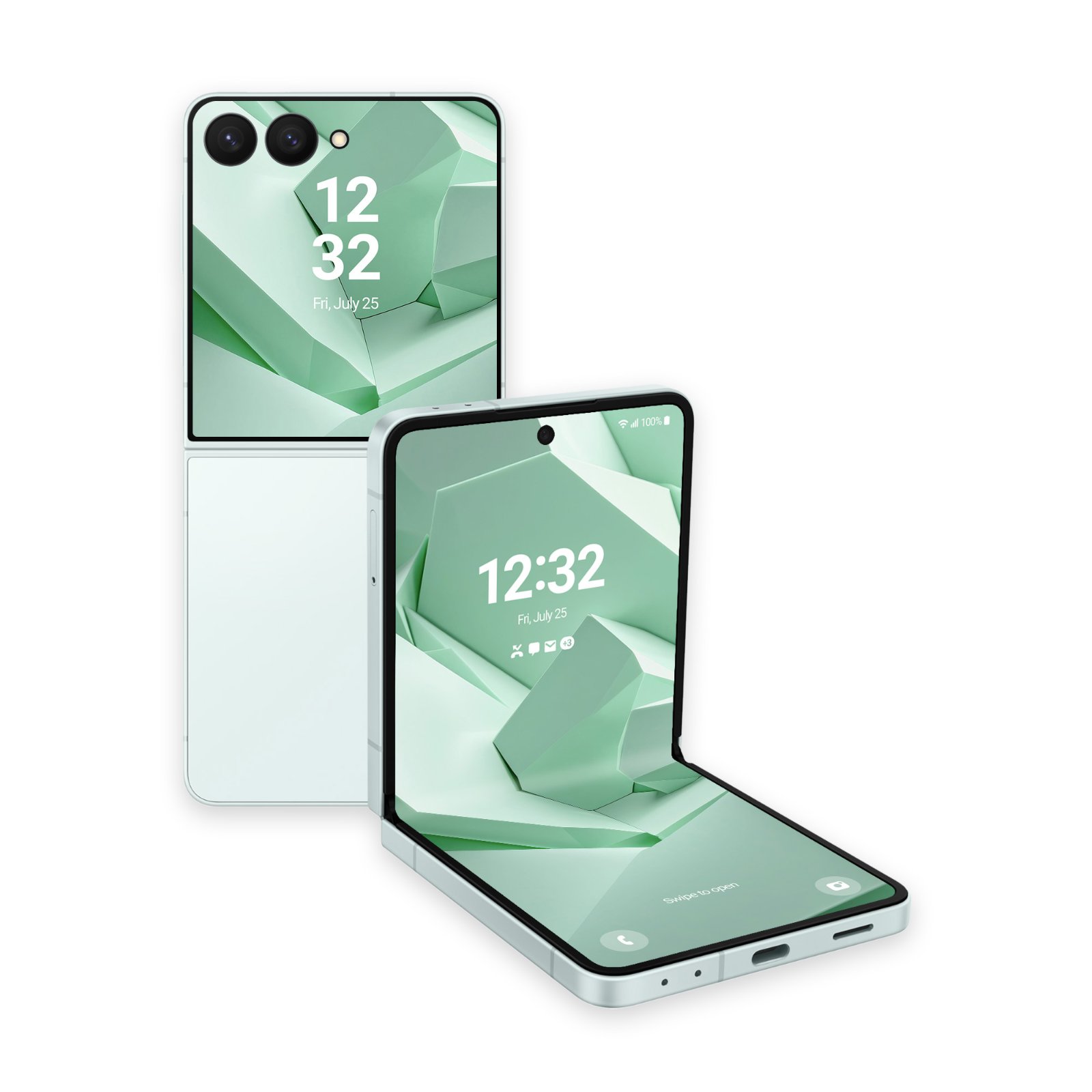 Two mint green Samsung Galaxy Z Flip phones, one folded closed showing the cover screen and one partially open, displaying a mint green 3D faceted geometric wallpaper.