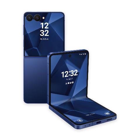 Two navy blue foldable smartphones displayed against a white background, one closed standing vertically and one partially unfolded on its side, both showing a 3D low-poly geometric pattern in shades of blue.
