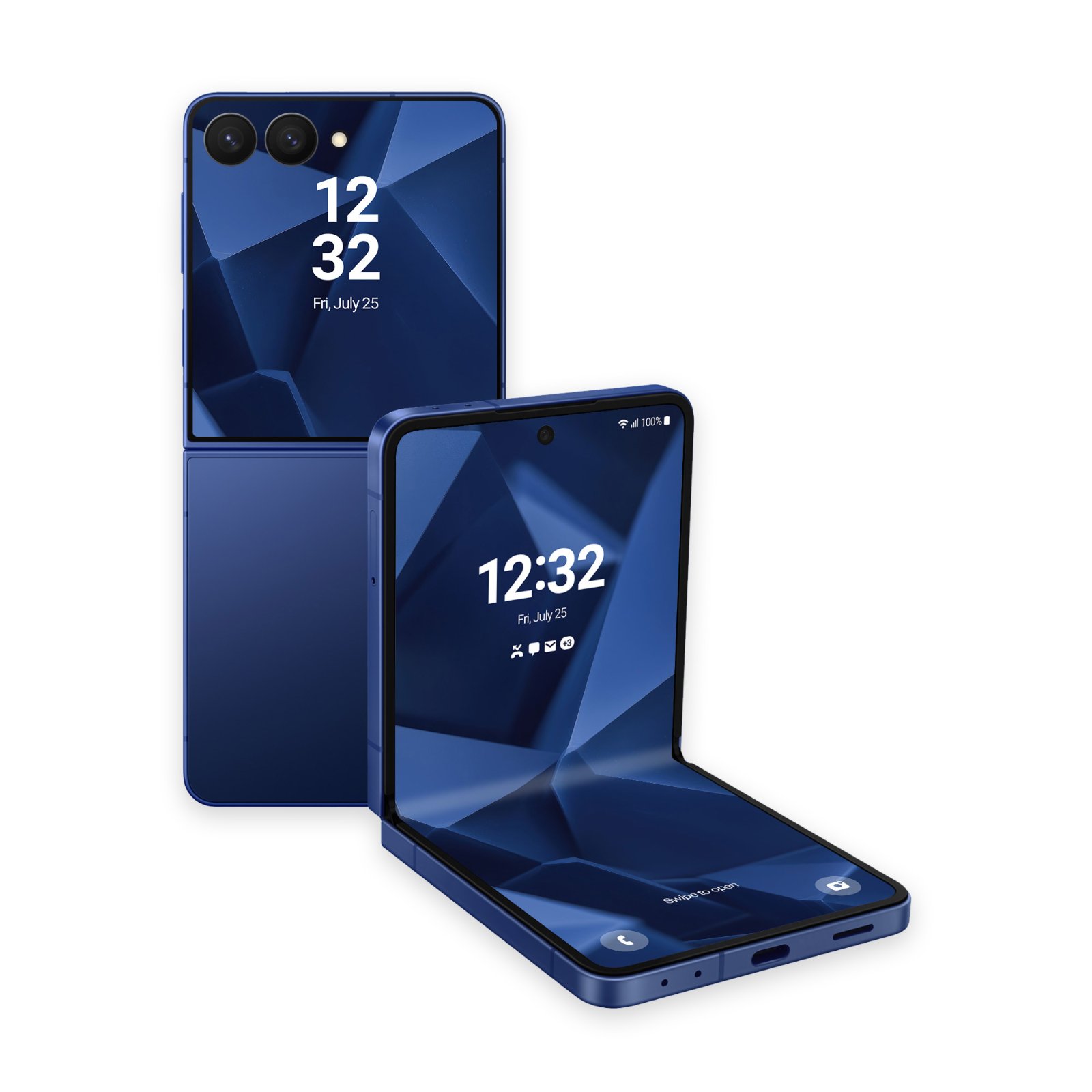 Two navy blue foldable smartphones displayed against a white background, one closed standing vertically and one partially unfolded on its side, both showing a 3D low-poly geometric pattern in shades of blue.