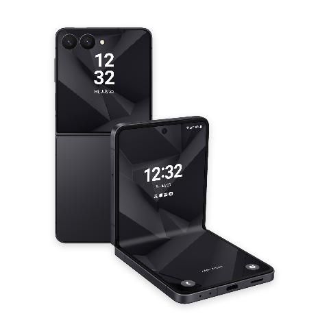Two black Samsung Galaxy Z Flip phones displaying a dark low-poly geometric wallpaper, one folded upright and one standing closed behind it.