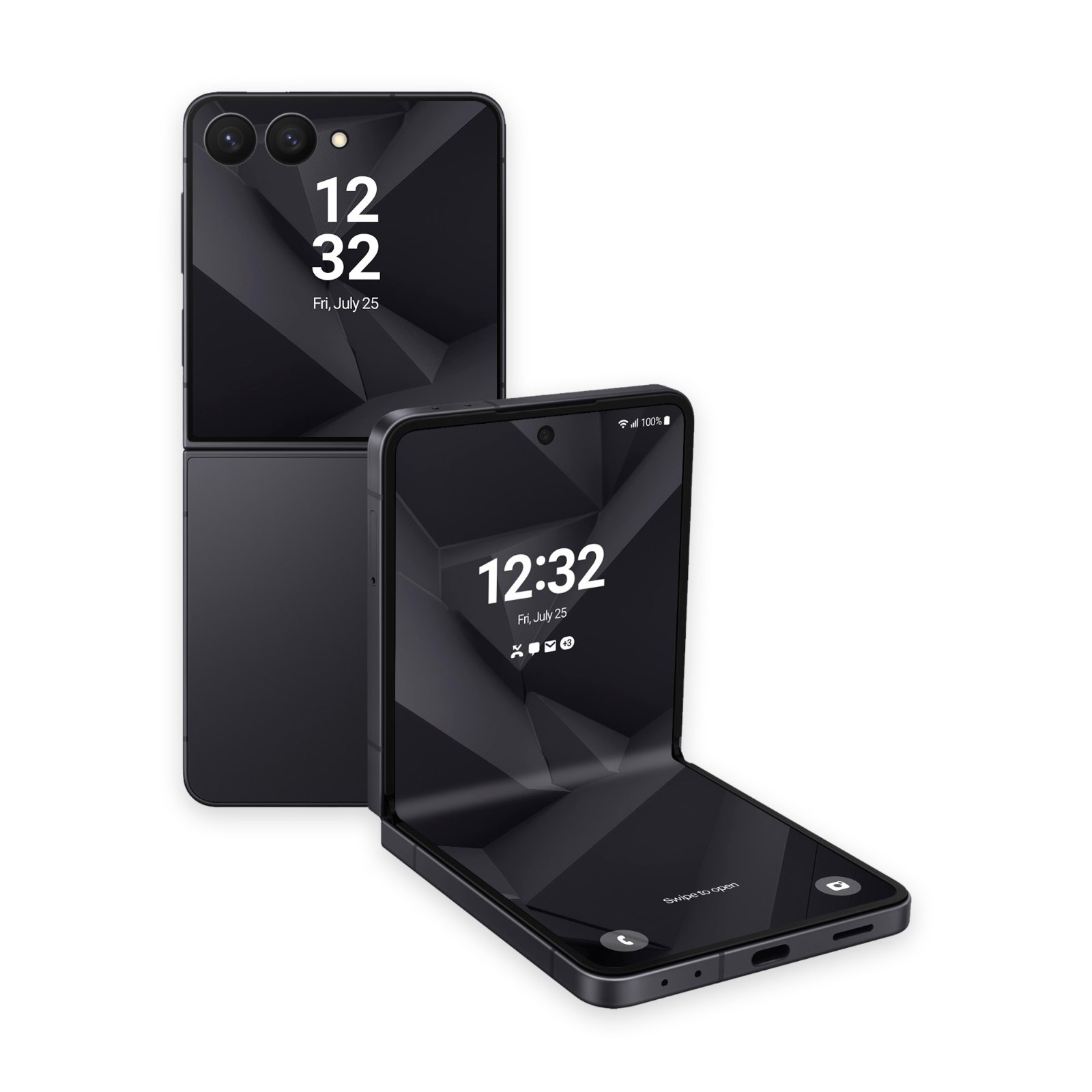 Two black Samsung Galaxy Z Flip phones displaying a dark low-poly geometric wallpaper, one folded upright and one standing closed behind it.